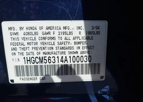 2004 Honda Accord 2.4 Lx из США, поврежденный, VIN 1HGCM56314A100030